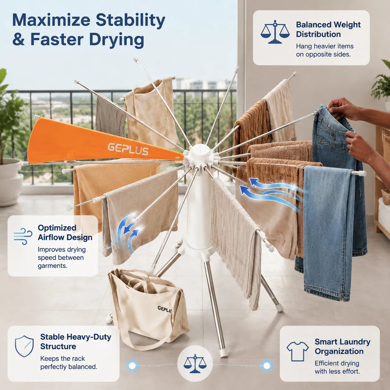 360° Rotating Umbrella Clothes Drying Rack | Space-Saving Folding Vertical Airer