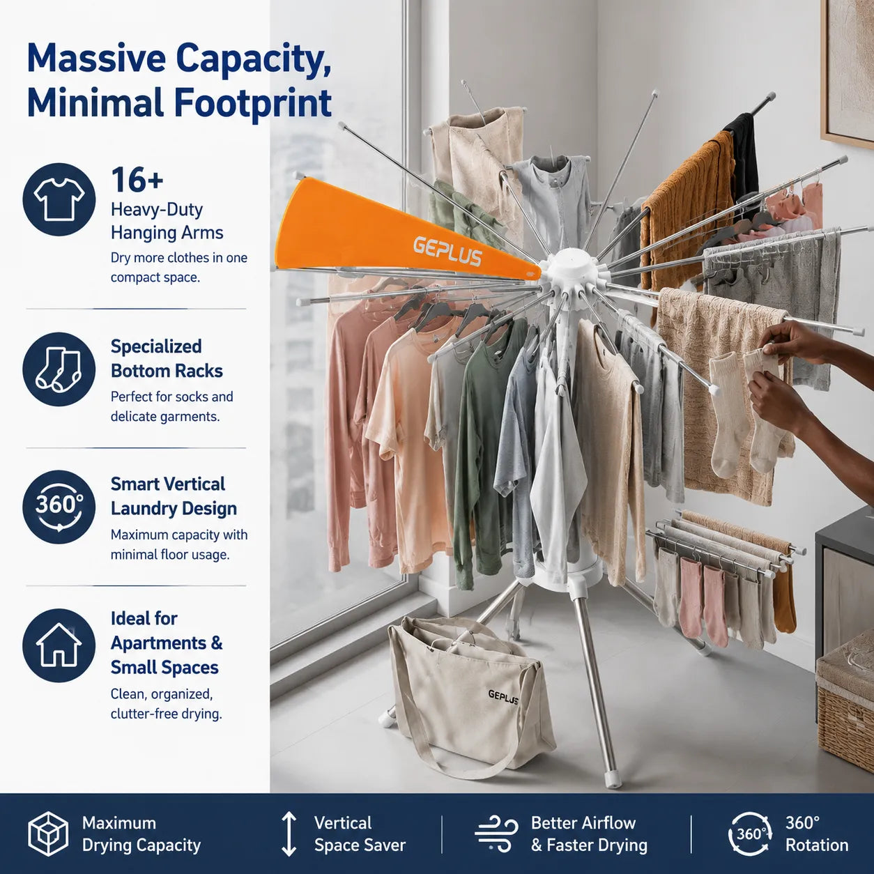 360° Rotating Umbrella Clothes Drying Rack | Space-Saving Folding Vertical Airer