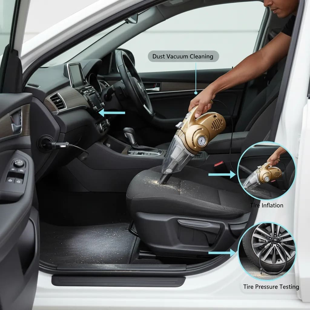 Advanced 4-In-1 Car Vacuum Cleaner Designed for Powerful Cleaning, Tire Inflation, Night Lighting, and Tire Pressure Testing 🔧🚘