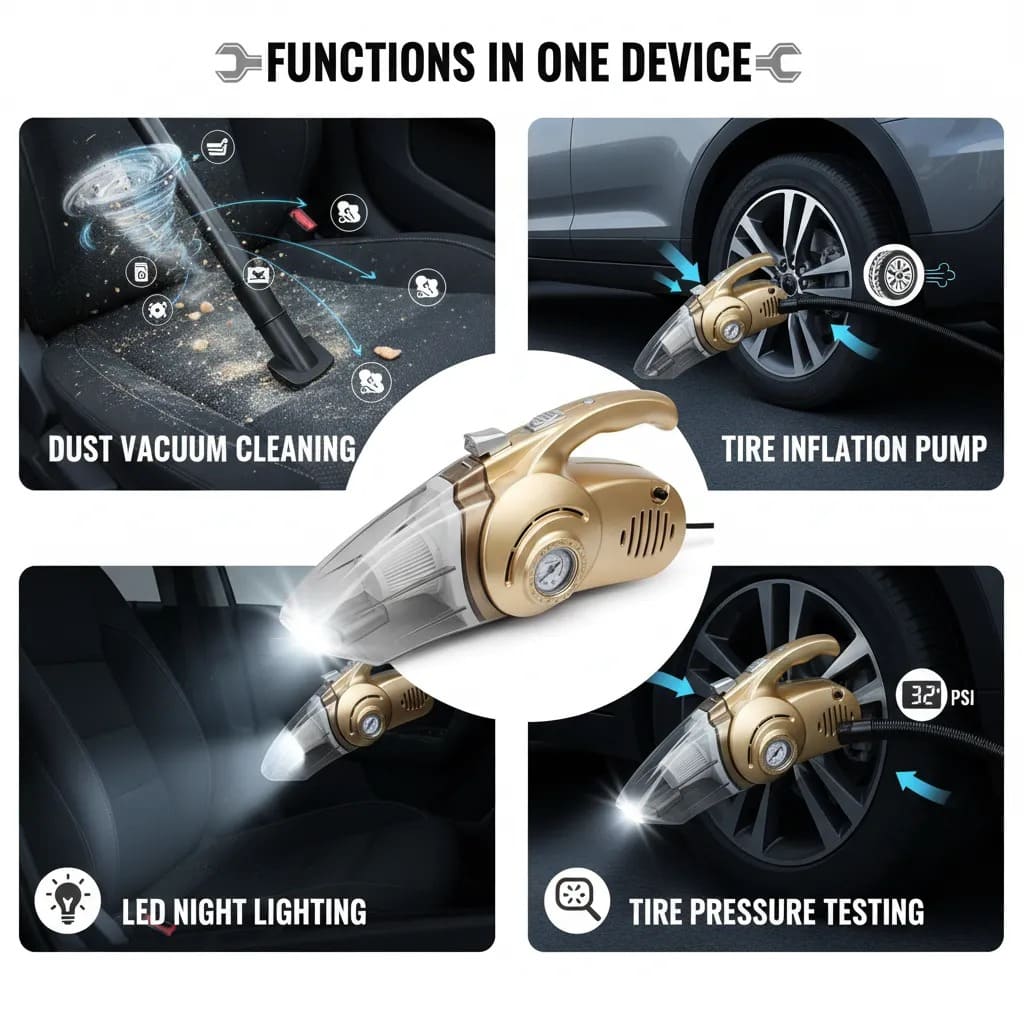 Advanced 4-In-1 Car Vacuum Cleaner Designed for Powerful Cleaning, Tire Inflation, Night Lighting, and Tire Pressure Testing 🔧🚘