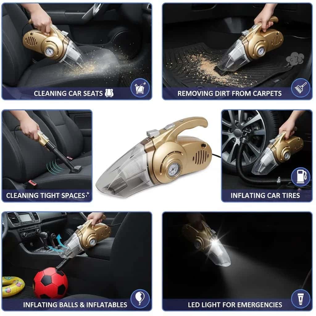 Advanced 4-In-1 Car Vacuum Cleaner Designed for Powerful Cleaning, Tire Inflation, Night Lighting, and Tire Pressure Testing 🔧🚘