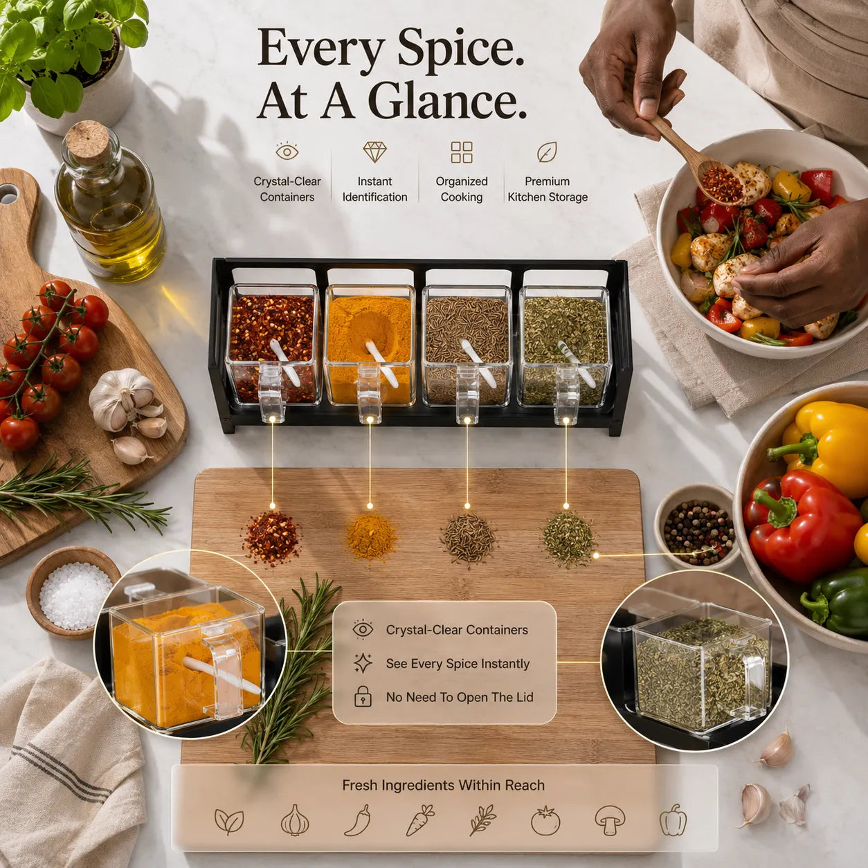 4-Piece Transparent Acrylic Spice Box Set with Metal Stand