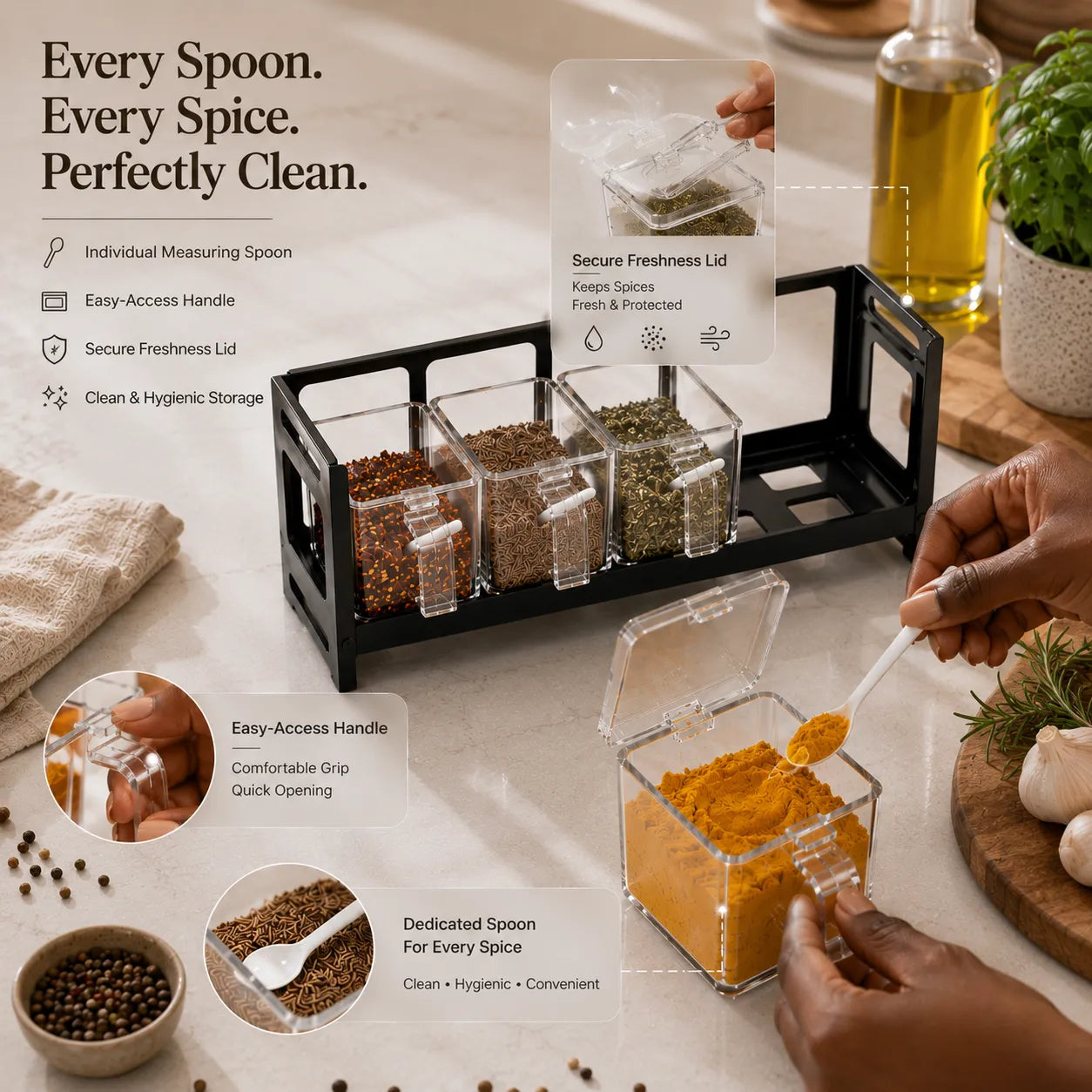 4-Piece Transparent Acrylic Spice Box Set with Metal Stand