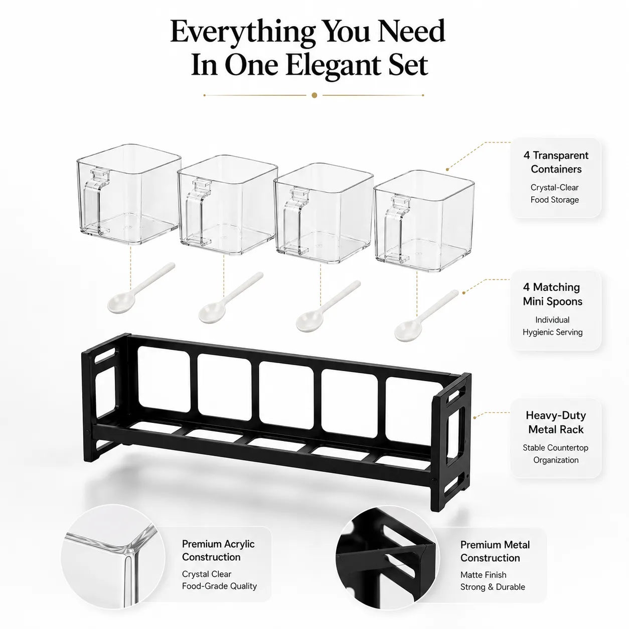 4-Piece Transparent Acrylic Spice Box Set with Metal Stand