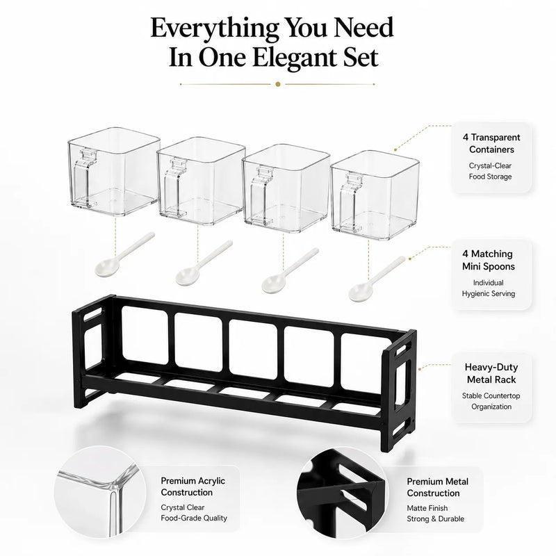 4-Piece Transparent Acrylic Spice Box Set with Metal Stand