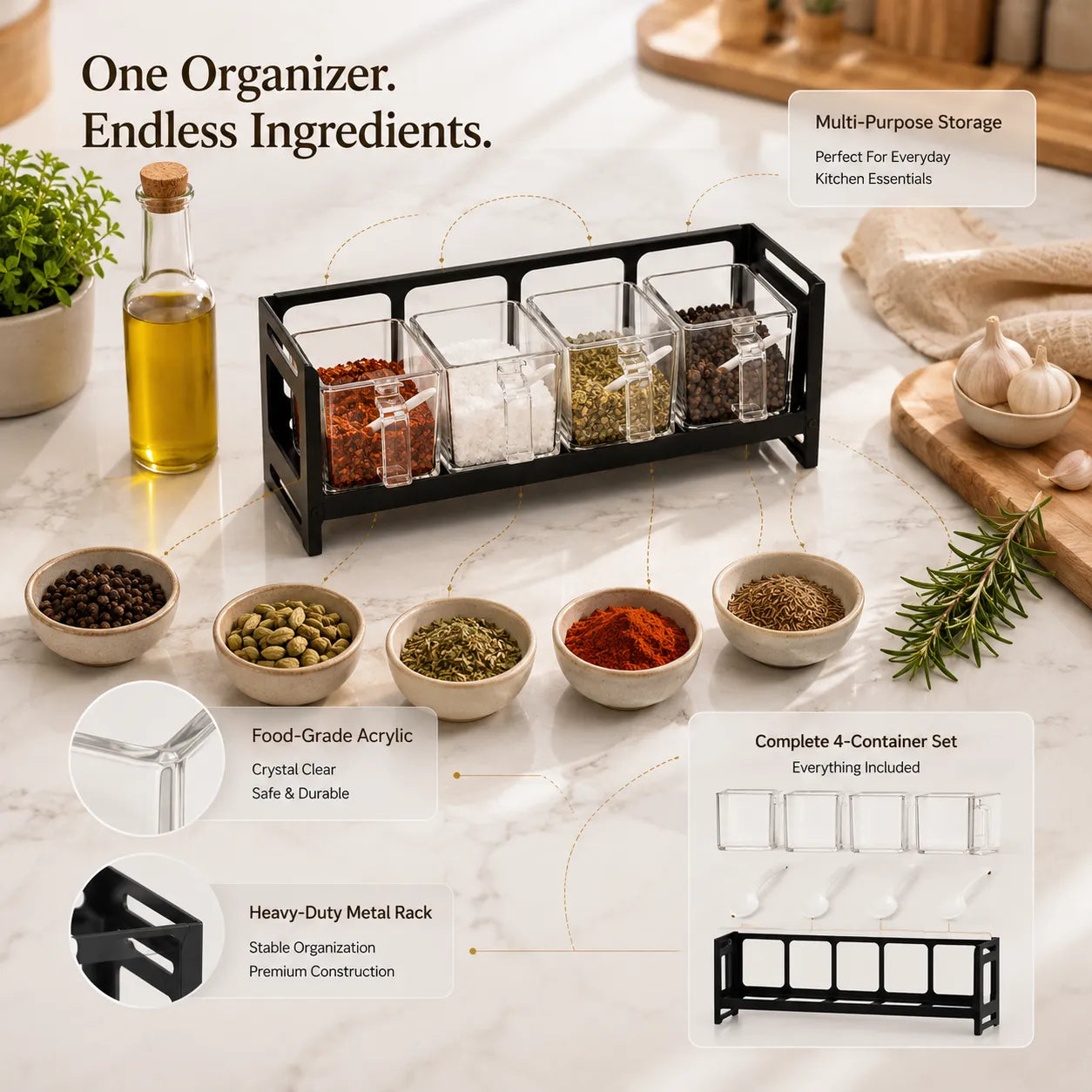 4-Piece Transparent Acrylic Spice Box Set with Metal Stand