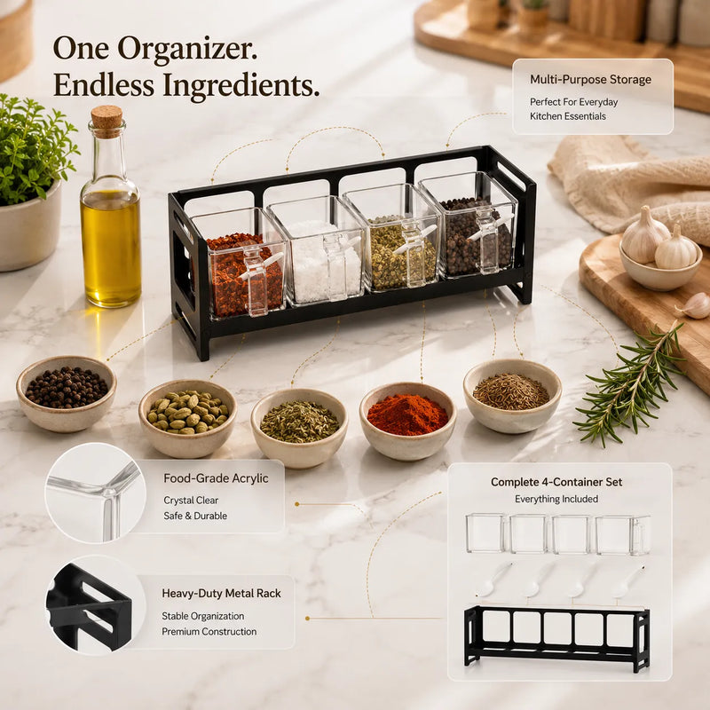 4-Piece Transparent Acrylic Spice Box Set with Metal Stand