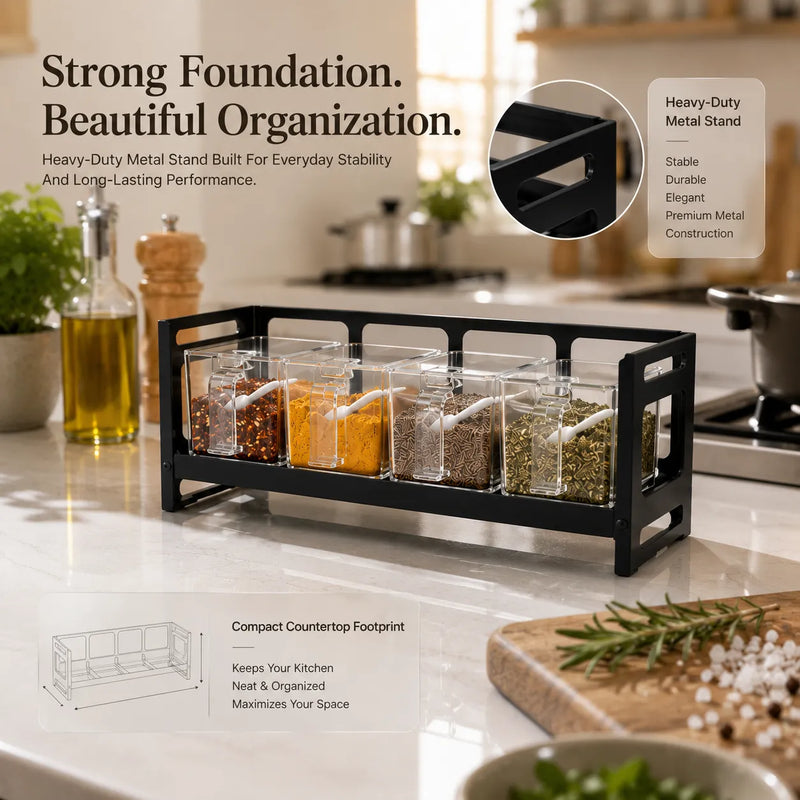 4-Piece Transparent Acrylic Spice Box Set with Metal Stand