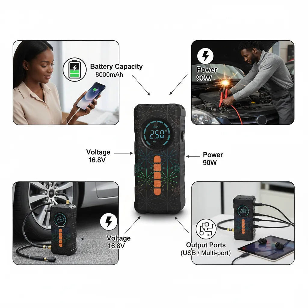 💥 4-in-1 Ultimate Car Emergency Lifesaver – Power, Air & Safety Anywhere🚗⚡