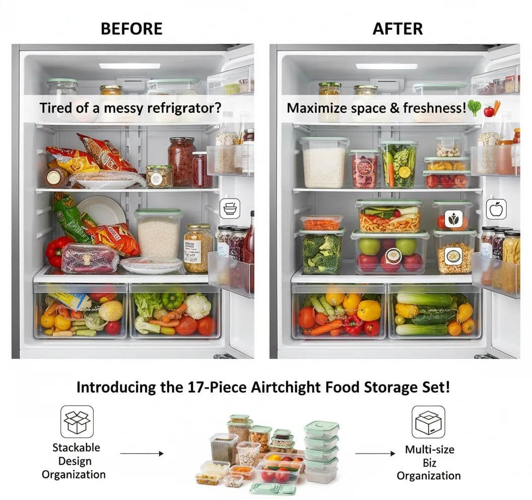 17-Piece Airtight Food Storage Containers 🍱✨ – Smart Multi-Size Kitchen Organization Solution