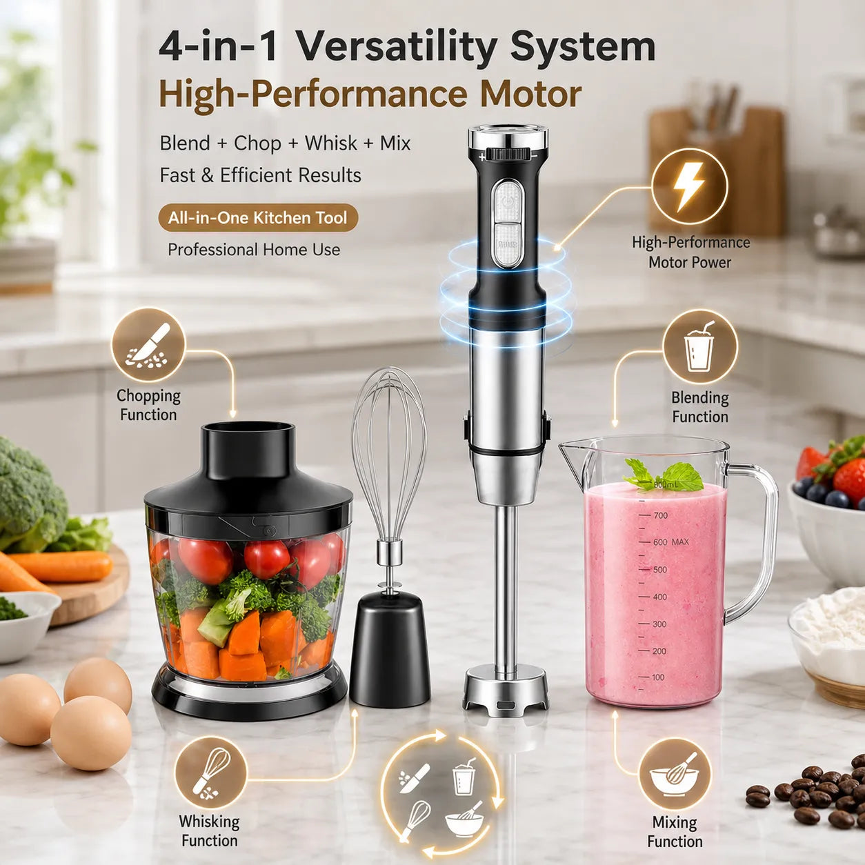4-in-1 Hand Blender – The Ultimate Kitchen Companion for Effortless Blending!
