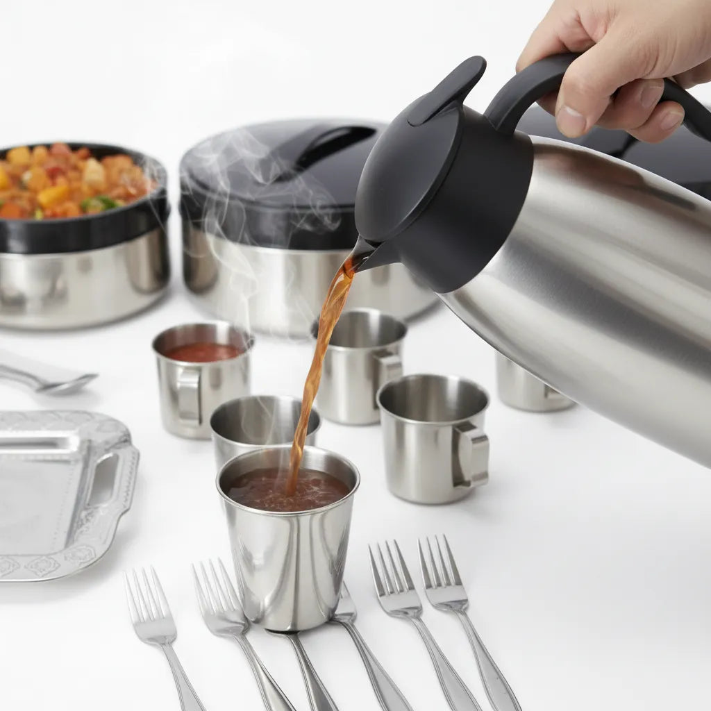 🍽️💎 Evimki 55-Piece Stainless Steel Family Dining Set with 8L Hot Thermos 🔥 – Elegant, Durable & Complete Serving Collection ✨🏠