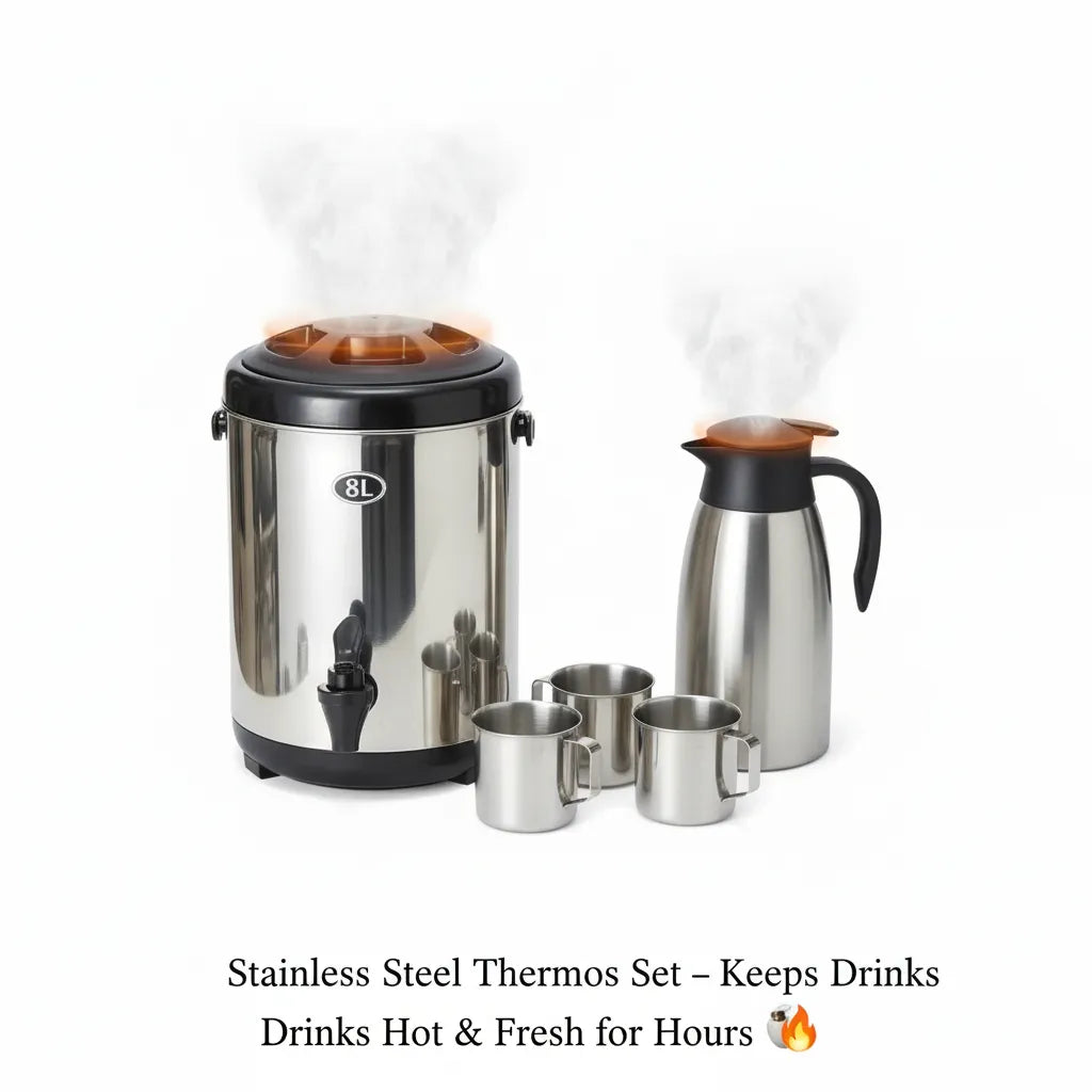 🍽️💎 Evimki 55-Piece Stainless Steel Family Dining Set with 8L Hot Thermos 🔥 – Elegant, Durable & Complete Serving Collection ✨🏠