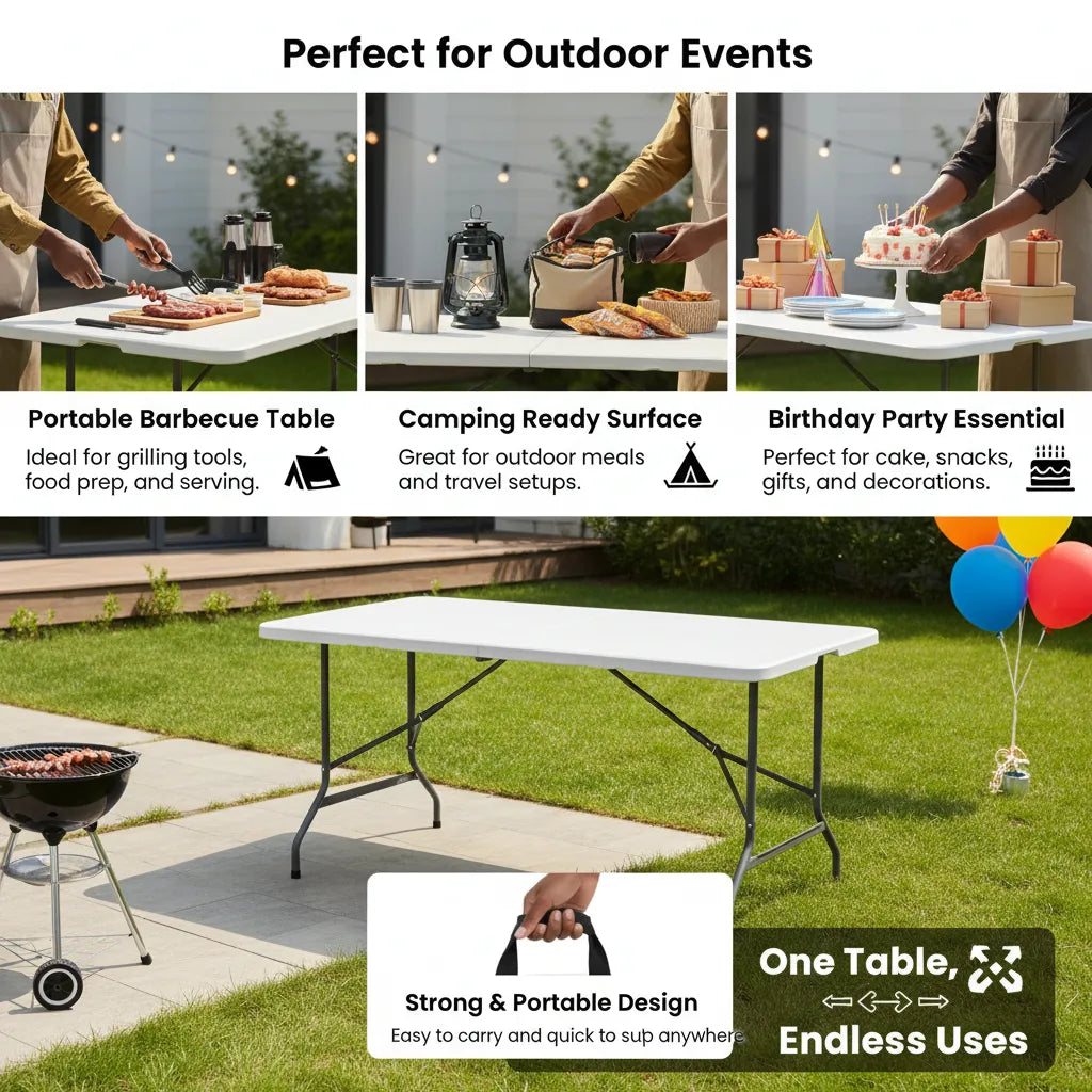 6ft Folding Picnic Table – Portable Heavy-Duty Indoor & Outdoor Foldable Table