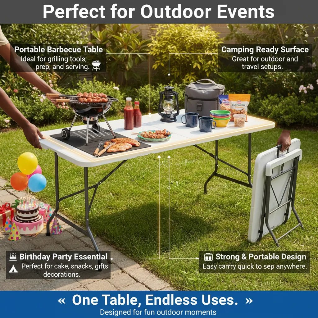 6ft Folding Picnic Table – Portable Heavy-Duty Indoor & Outdoor Foldable Table