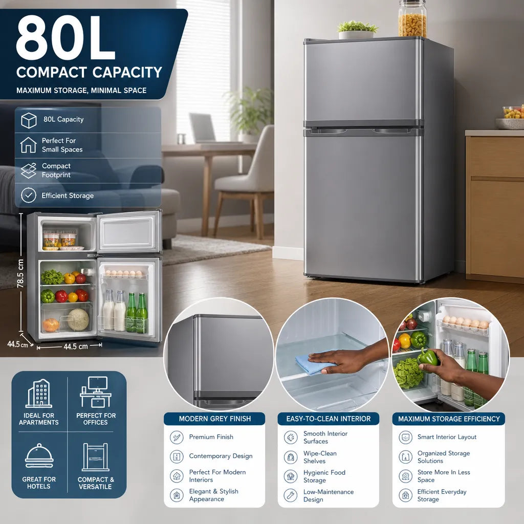 H&A 80L Compact Double-Door Refrigerator – Energy-Efficient Fridge for Small Spaces
