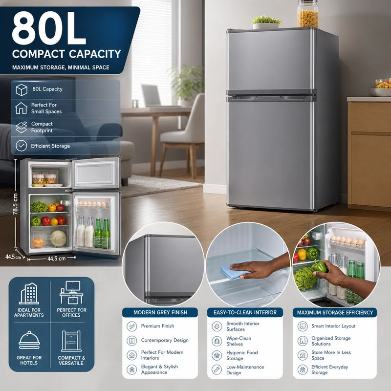 H&A 80L Compact Double-Door Refrigerator – Energy-Efficient Fridge for Small Spaces