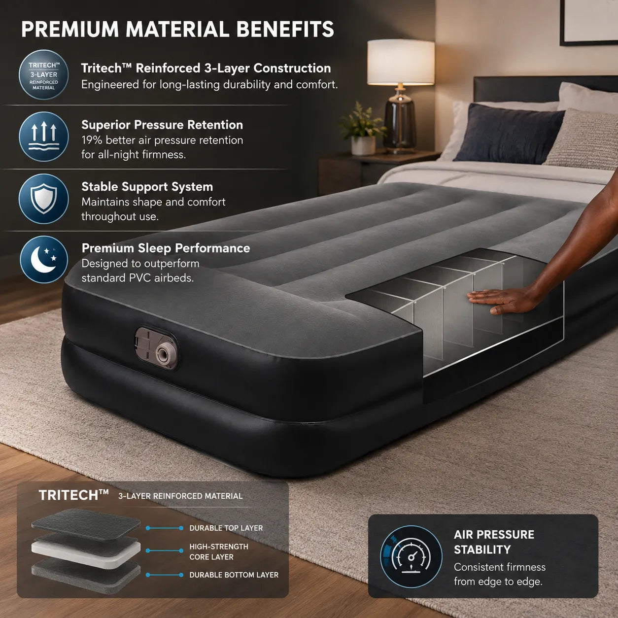 Bestway Tritech Single Air Bed | 18-Inch Inflatable Mattress 191cm x 97cm x 46cm