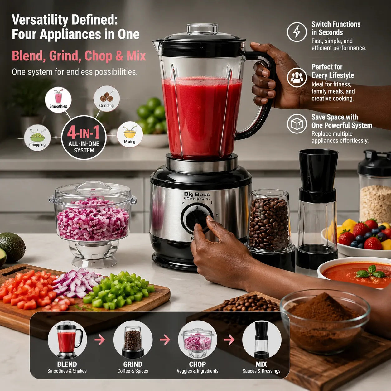 Big Boss 4-in-1 Multi Function Blender 1000W – Heavy-Duty Multipurpose Kitchen Machine