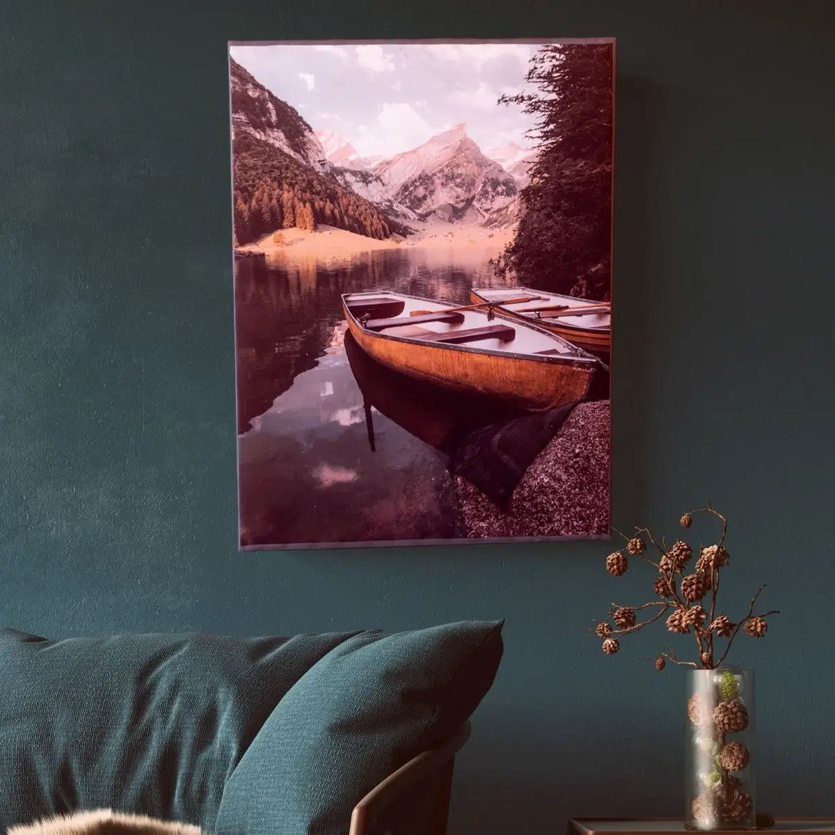 Boat & Mountain Nature Canvas Frame -  Autumn Lake Paint