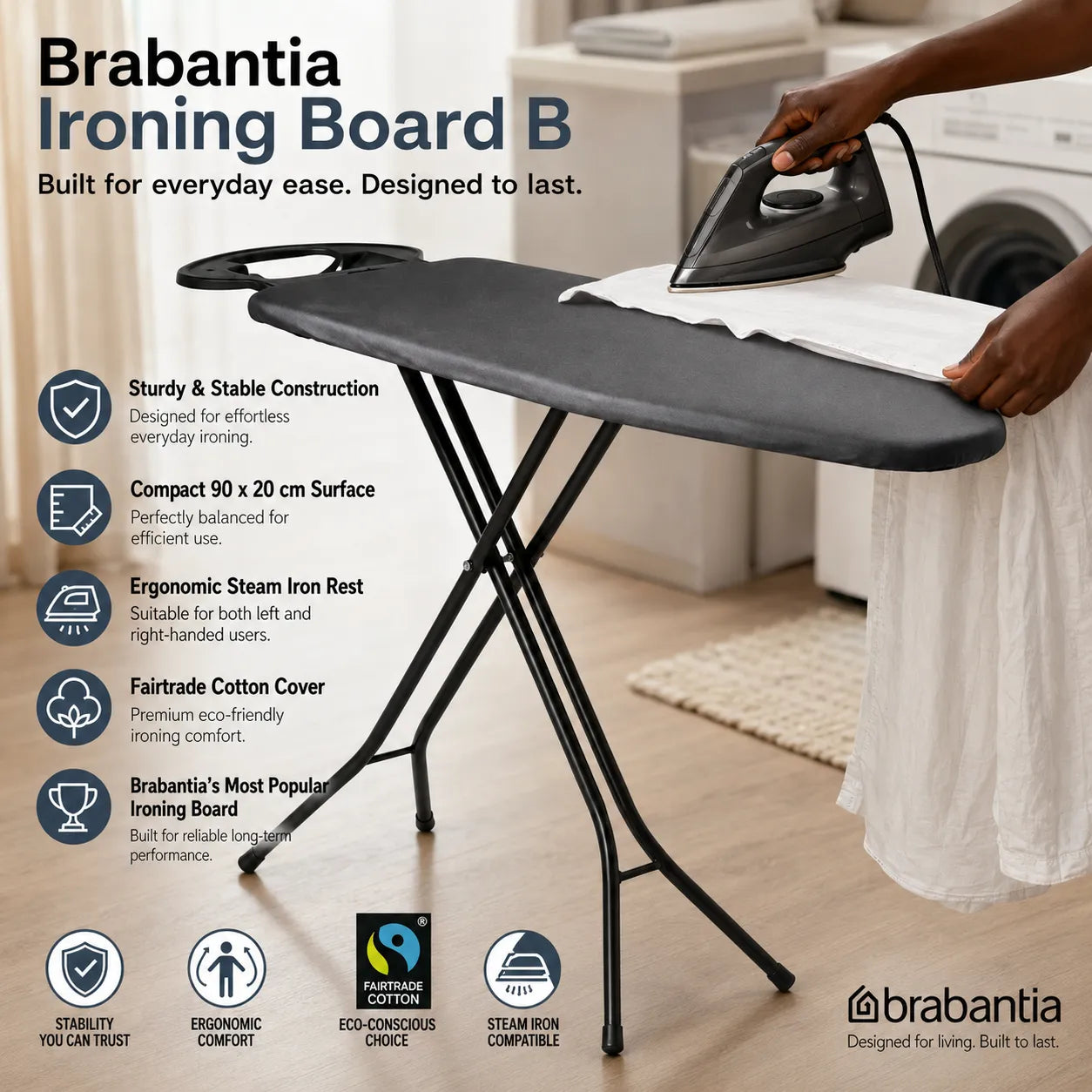 Brabantia Ironing Board B (90 x 20 cm) | Sturdy Space-Saving Board