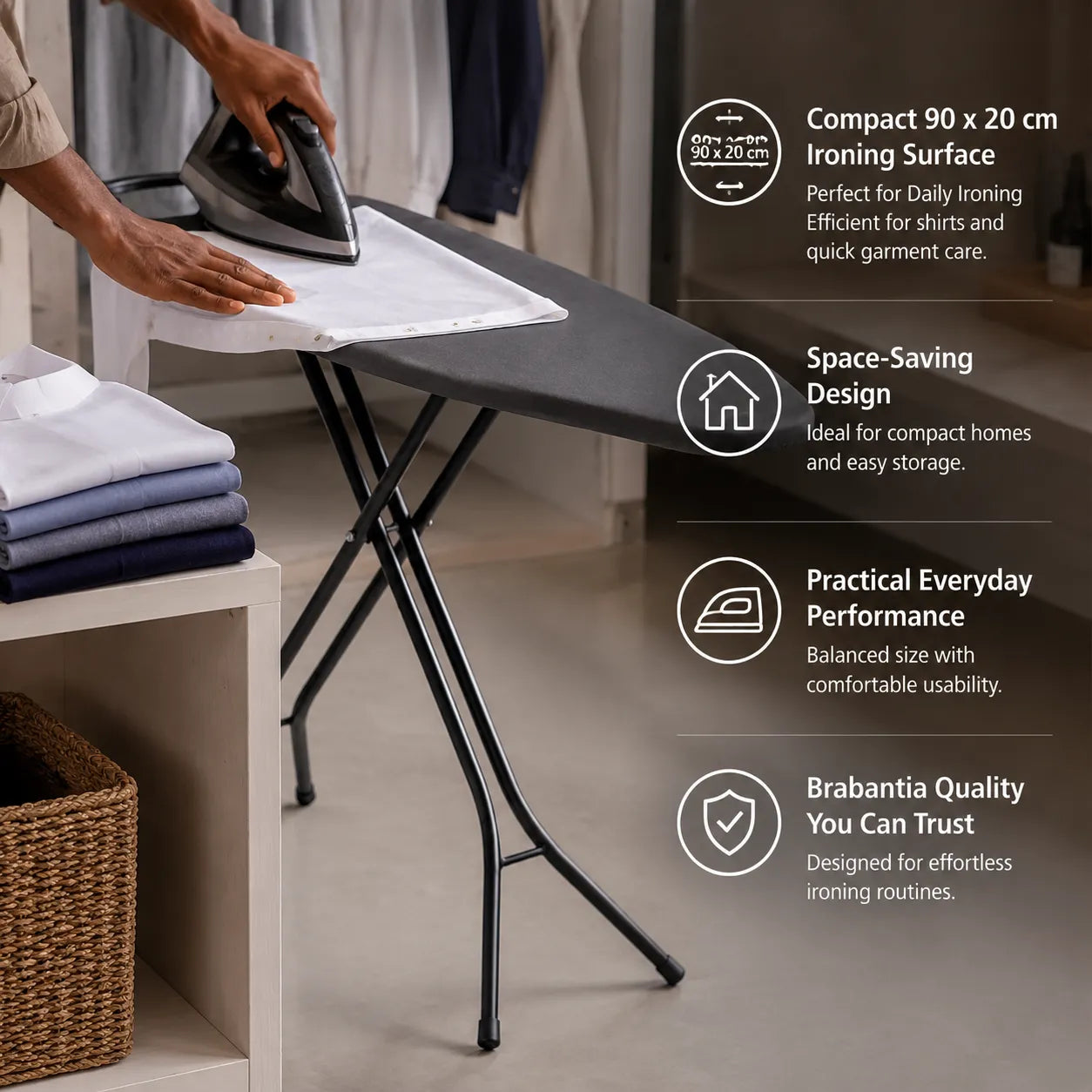 Brabantia Ironing Board B (90 x 20 cm) | Sturdy Space-Saving Board