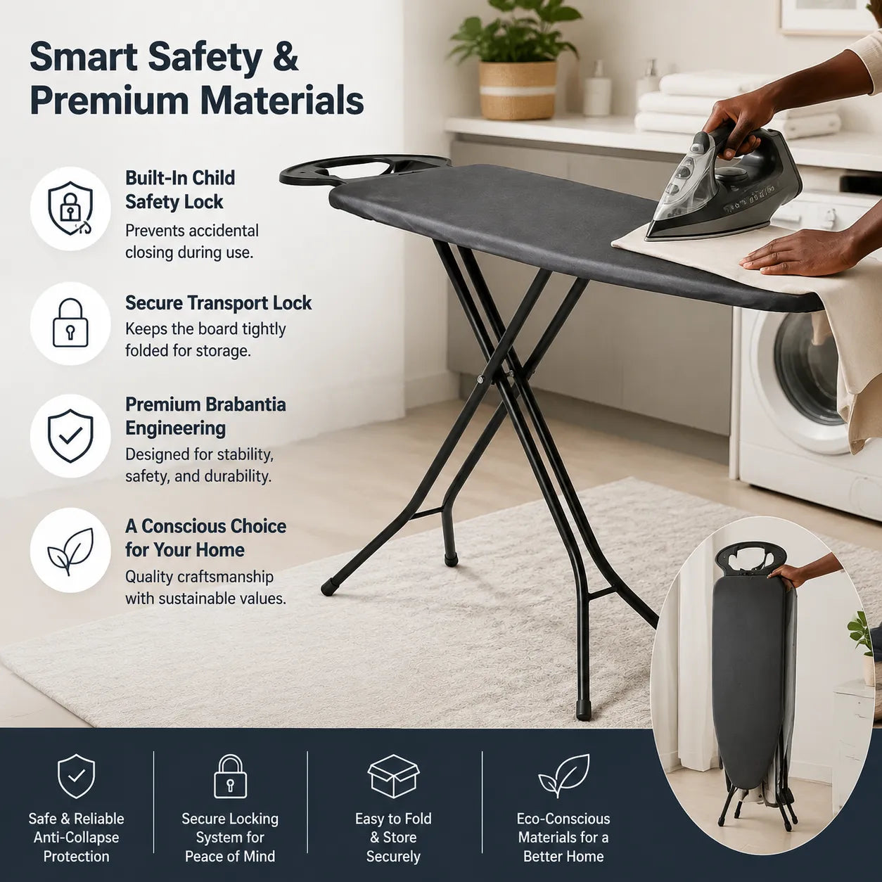 Brabantia Ironing Board B (90 x 20 cm) | Sturdy Space-Saving Board