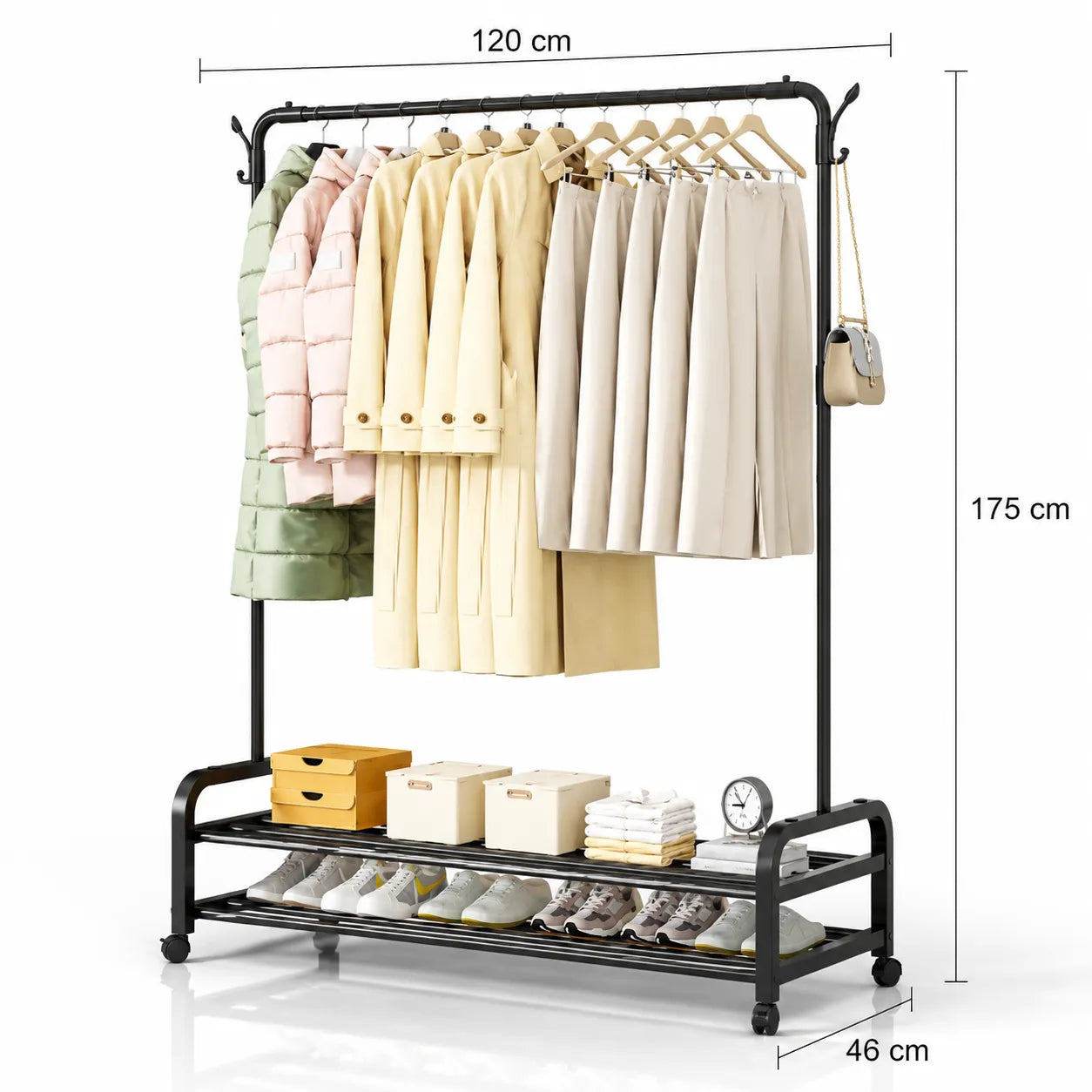 120cm Heavy-Duty Rolling Clothes Rack with Double-Tier Shoe Shelves & Side Hooks