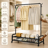 120cm Heavy-Duty Rolling Clothes Rack with Double-Tier Shoe Shelves & Side Hooks