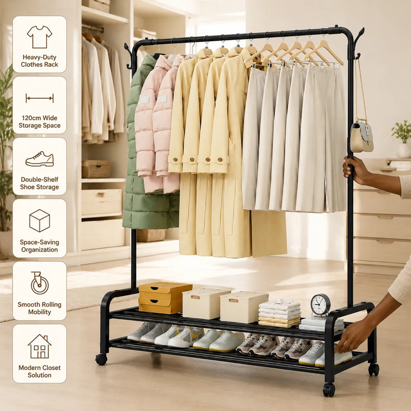 120cm Heavy-Duty Rolling Clothes Rack with Double-Tier Shoe Shelves & Side Hooks