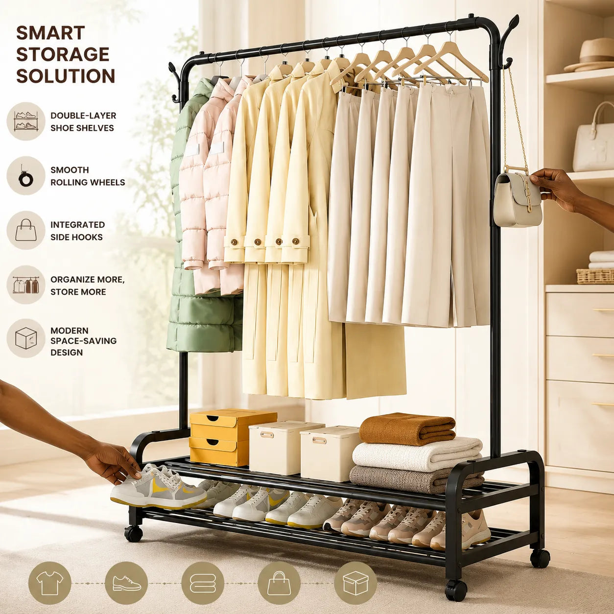120cm Heavy-Duty Rolling Clothes Rack with Double-Tier Shoe Shelves & Side Hooks