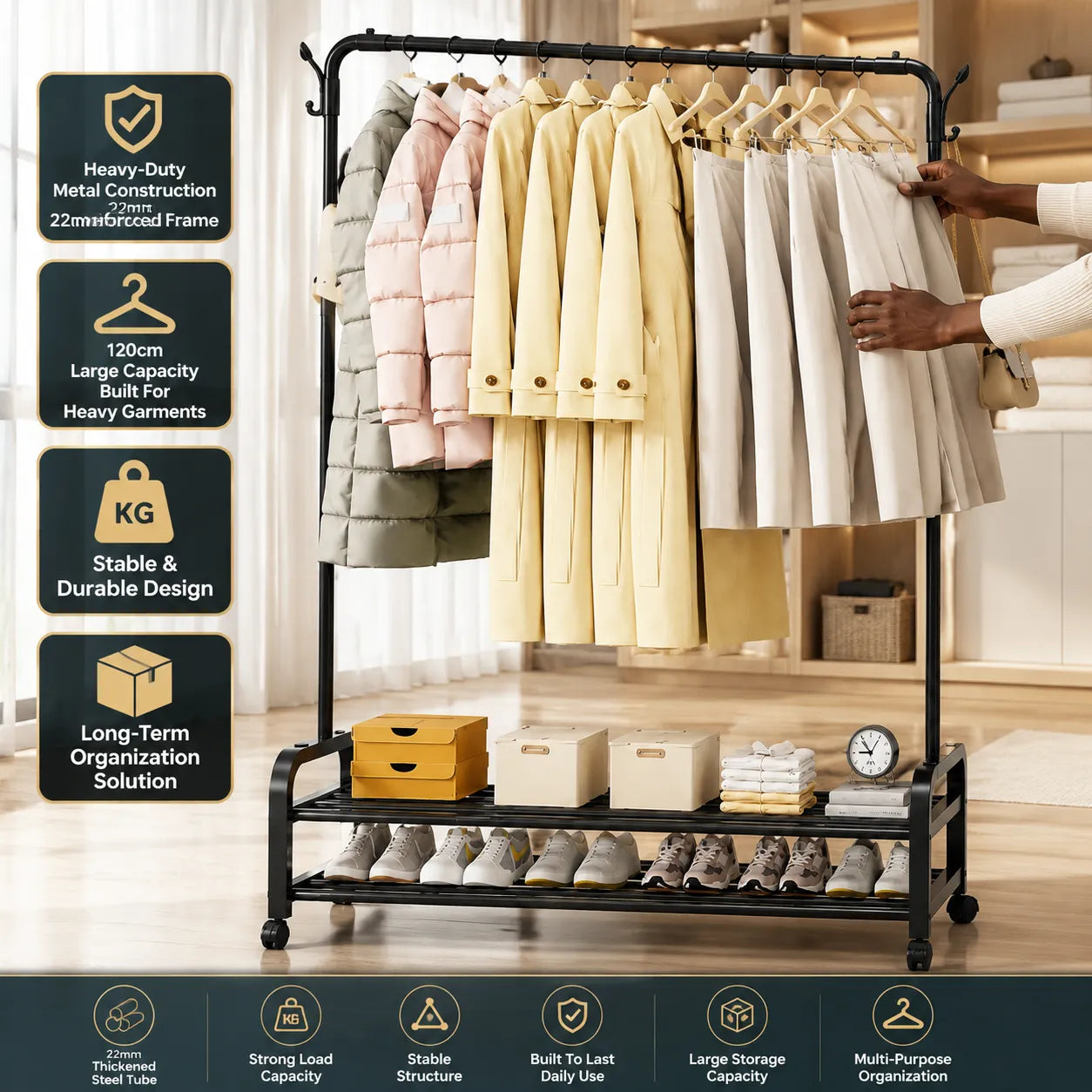 120cm Heavy-Duty Rolling Clothes Rack with Double-Tier Shoe Shelves & Side Hooks