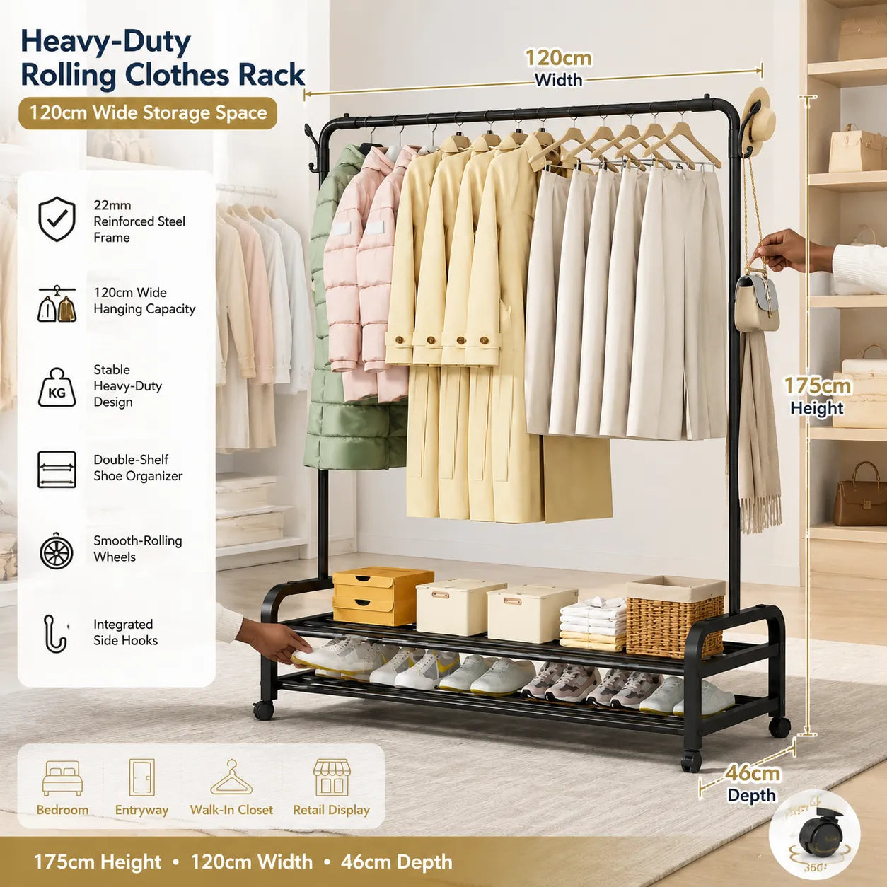 120cm Heavy-Duty Rolling Clothes Rack with Double-Tier Shoe Shelves & Side Hooks
