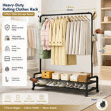 120cm Heavy-Duty Rolling Clothes Rack with Double-Tier Shoe Shelves & Side Hooks