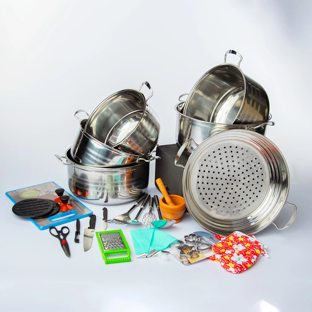  52-Piece Stainless Steel Cookware Set – Complete Kitchen Combo with Pots, Utensils & Accessories