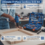 77-Piece 12V Cordless Drill & Professional Tool Kit - All-in-One Set