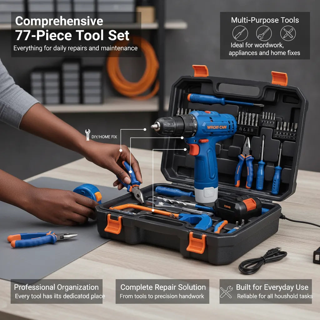 77-Piece 12V Cordless Drill & Professional Tool Kit - All-in-One Set