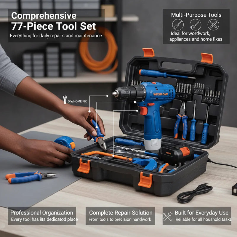77-Piece Heavy-Duty 12V Cordless Drill Combo Kit (20N·m High Torque)