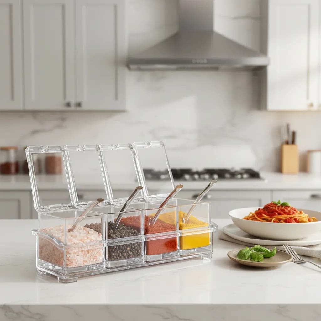 Crystal Seasoning Box – Elegant 4-Compartment Spice Organizer for a Perfectly Organized Kitchen 🧂✨