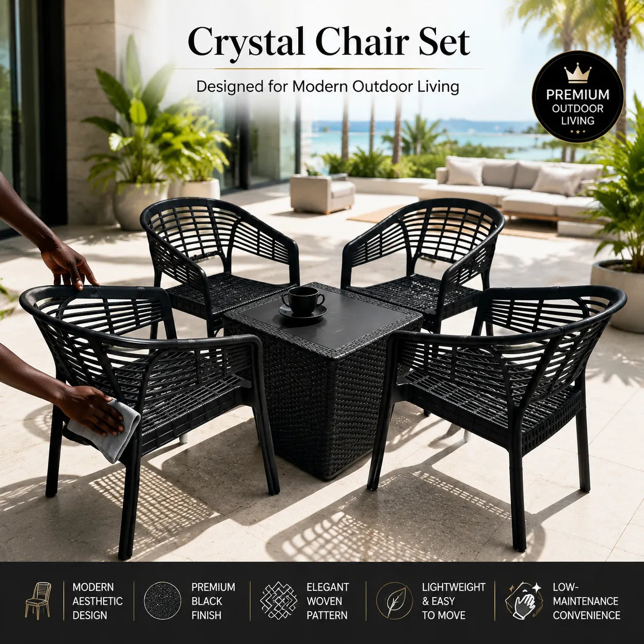 Crystal 5-Piece Indoor/Outdoor Chair & Table Set – Modern Black Weave