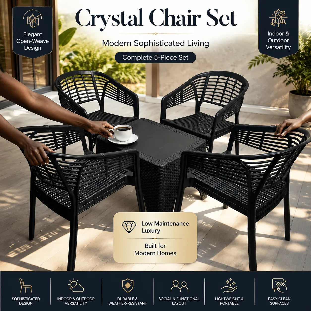 Crystal 5-Piece Indoor/Outdoor Chair & Table Set – Modern Black Weave