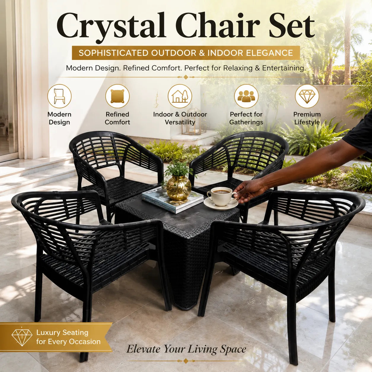 Crystal 5-Piece Indoor/Outdoor Chair & Table Set – Modern Black Weave