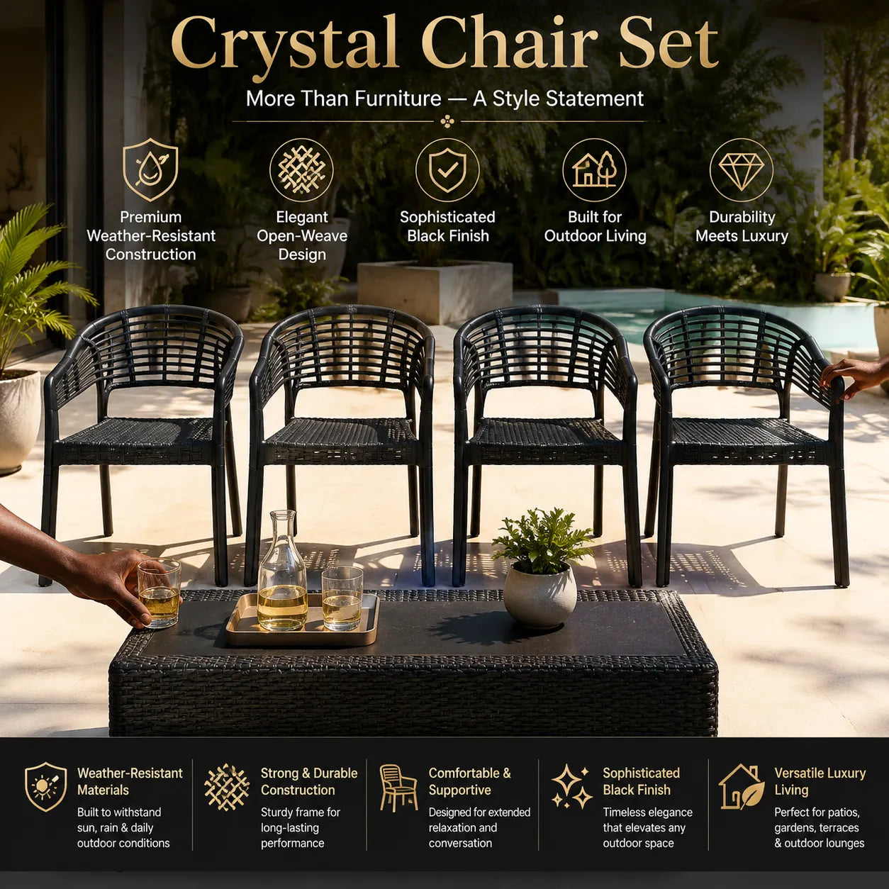 Crystal 5-Piece Indoor/Outdoor Chair & Table Set – Modern Black Weave