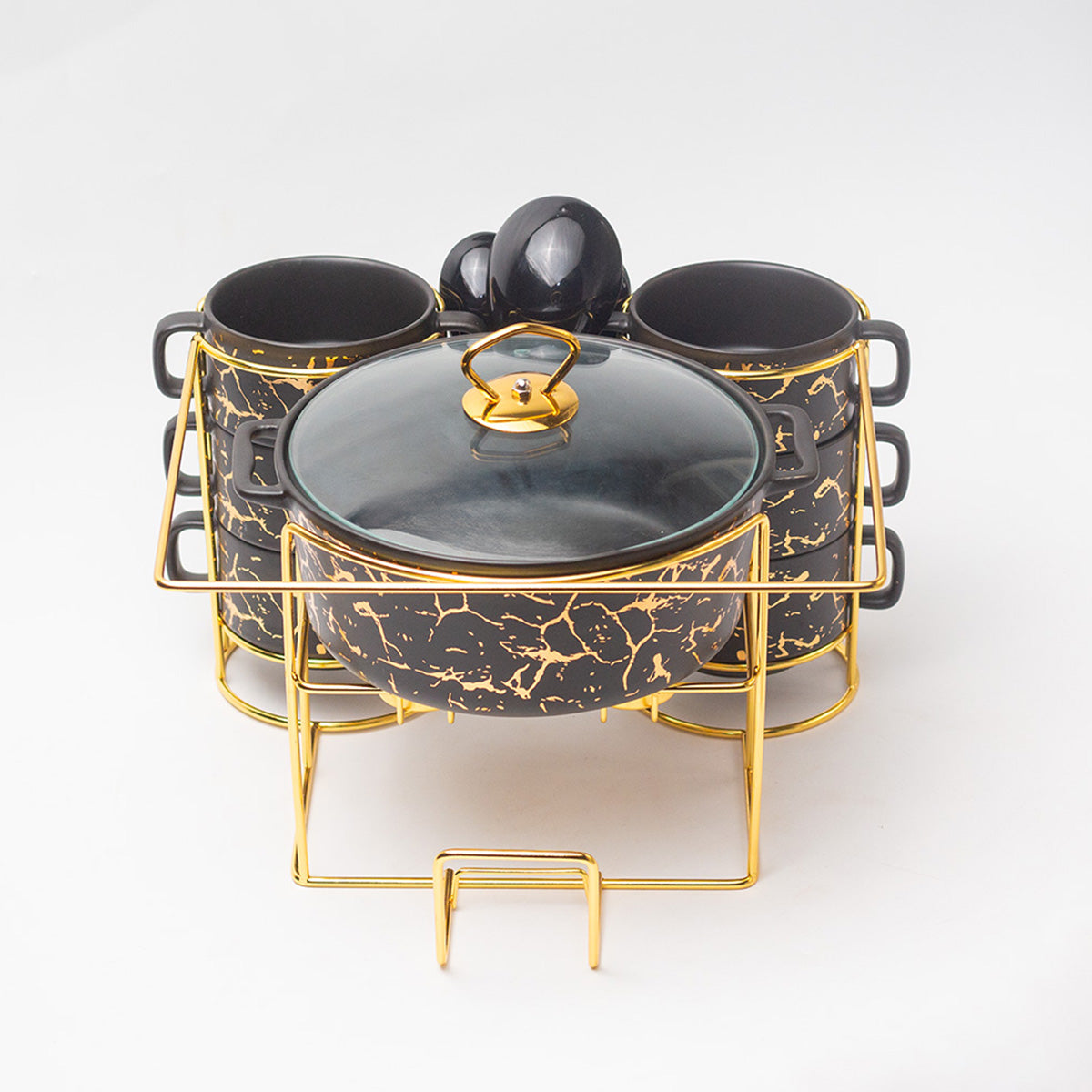 Lefon 11-Inch Ceramic Luxury Bowl Set – Elegant Marble Design with Glass Lid, Spoons & Golden Stand | 11-Piece Premium Dinnerware for Soup, Stew & Serving