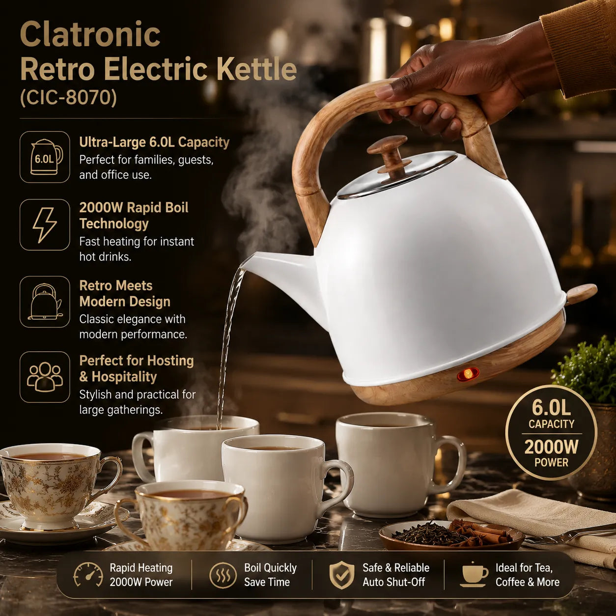 Clatronic 6.0L Retro Electric Kettle | 2000W Vintage Style Water Boiler