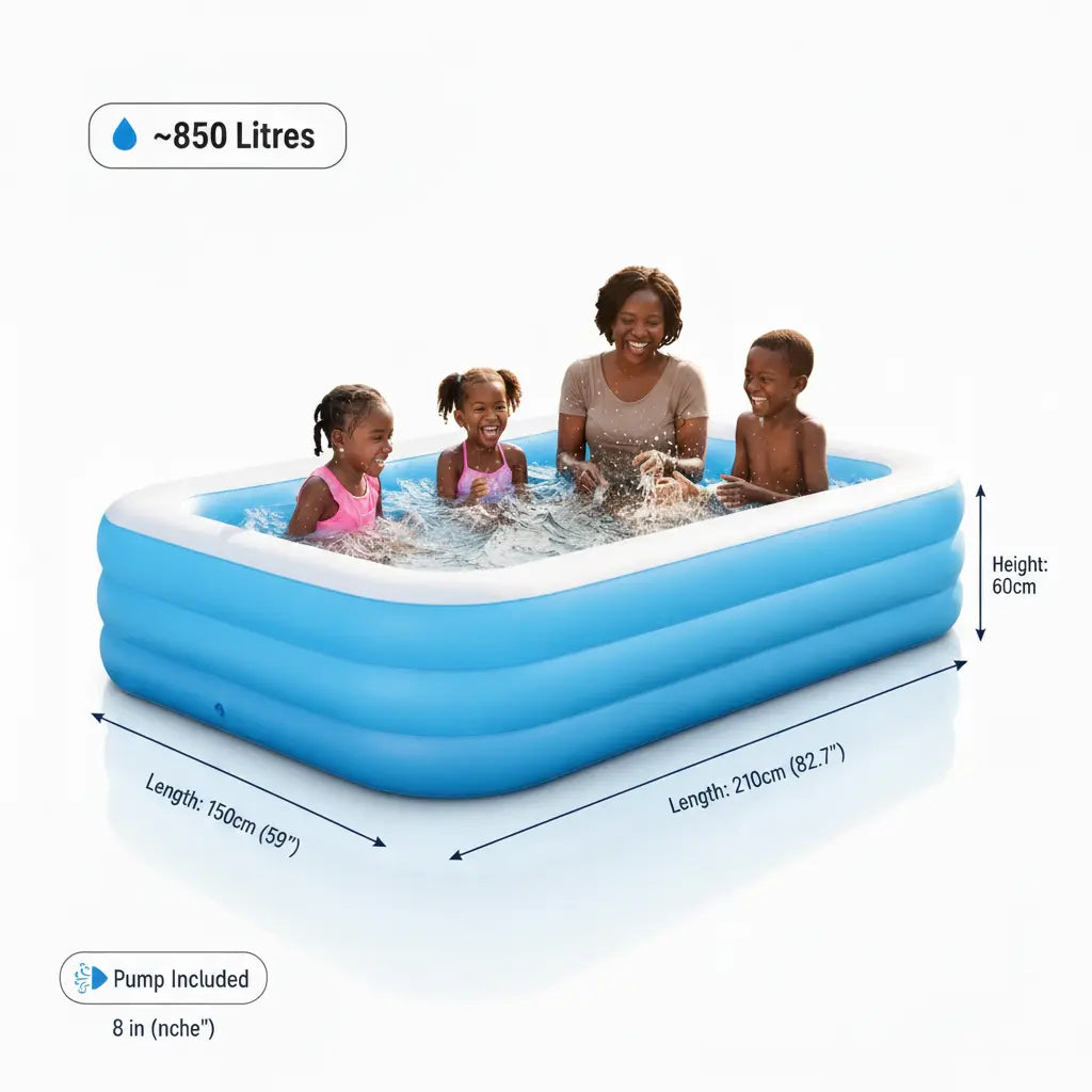 Evimki Oversized Family Blow-Up Pool – 210cm x 150cm x 60cm Backyard Water Park for Kids & Adults