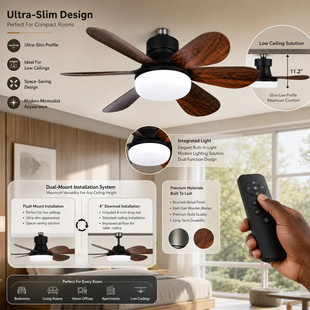 Fantasia Atlanta 30″ Compact Ceiling Fan with Light – Brushed Nickel & Oak Finish