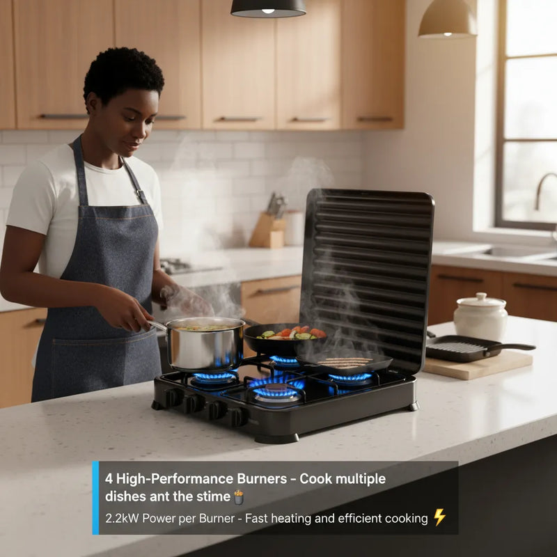 Efficient 4-burner gas stove with strong 2.2kW power and a compact, modern design—perfect for fast and easy everyday cooking 🍳