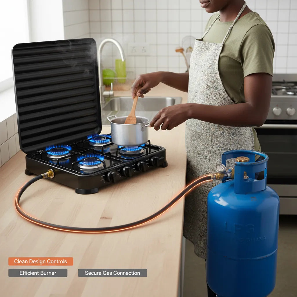 Efficient 4-burner gas stove with strong 2.2kW power and a compact, modern design—perfect for fast and easy everyday cooking 🍳