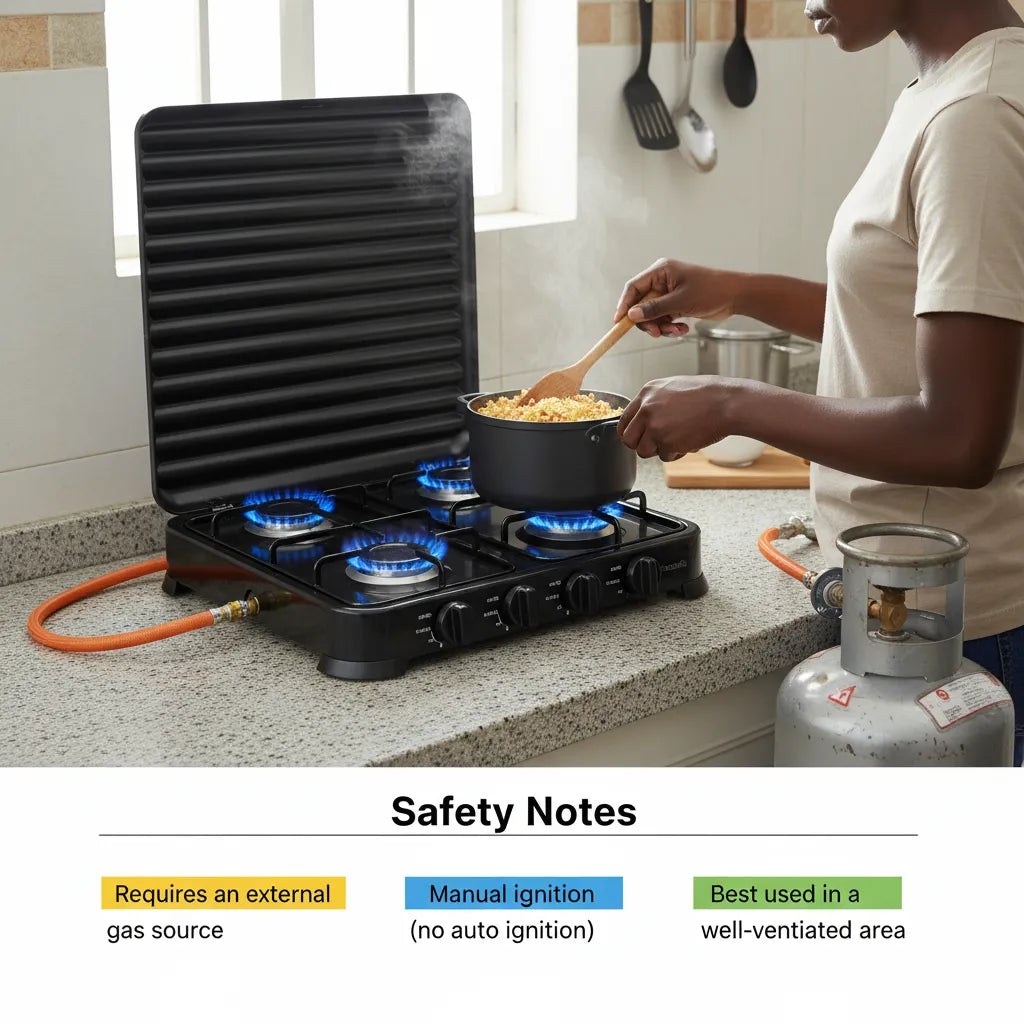Efficient 4-burner gas stove with strong 2.2kW power and a compact, modern design—perfect for fast and easy everyday cooking 🍳